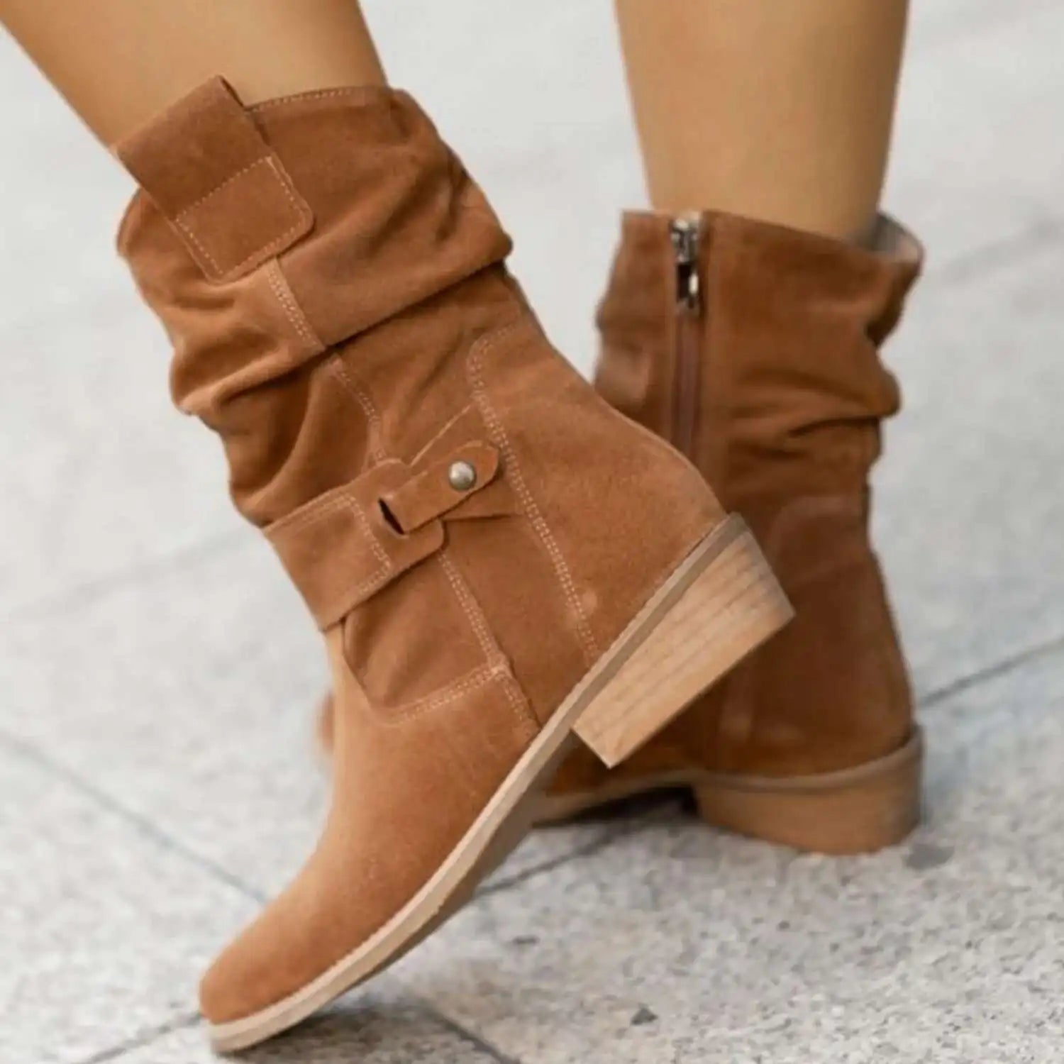 Bottines de Cowboy en Faux Daim Abricot – Style Western Chic d'Hiver