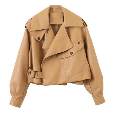 Femmes Pu Faux cuir manteaux veste col rabattu poches Vintage Moto Biker manteau vêtements d'extérieur femme automne 2025 Streetwear