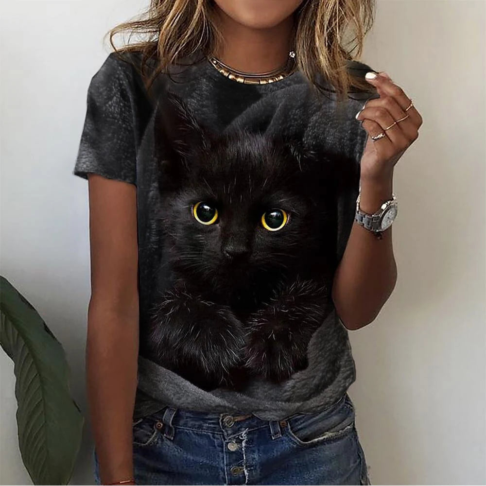 T-Shirt Chat 3D Kawaii Femme - Haut Y2K Respirant