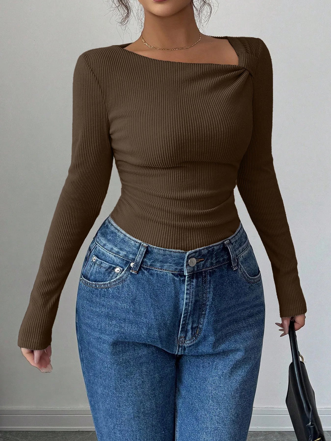 T-Shirt Asymétrique Plissé Femme - Haut Manches Longues