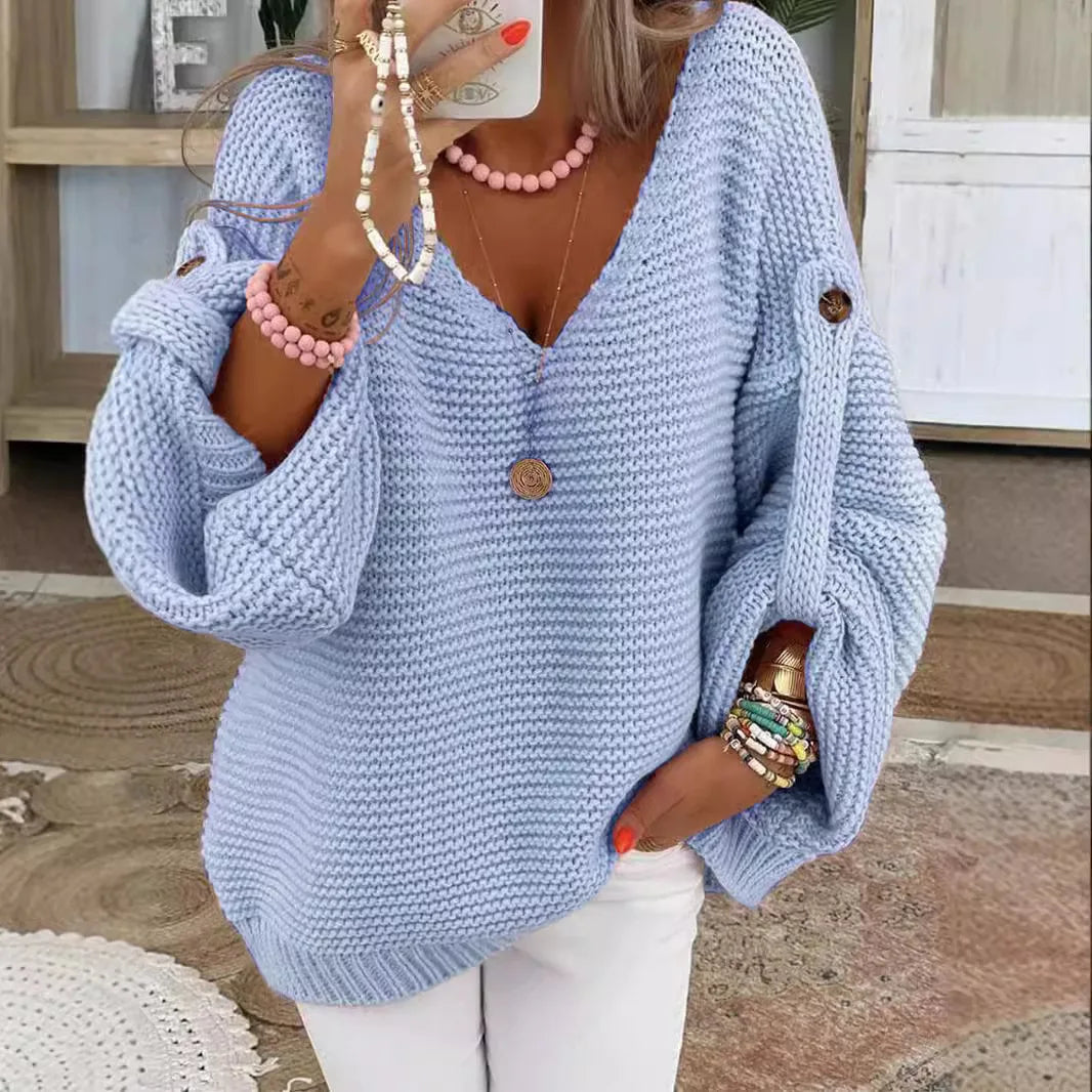 Pull Ample Col en V à Boutons pour Femme - Shuangfuxiang