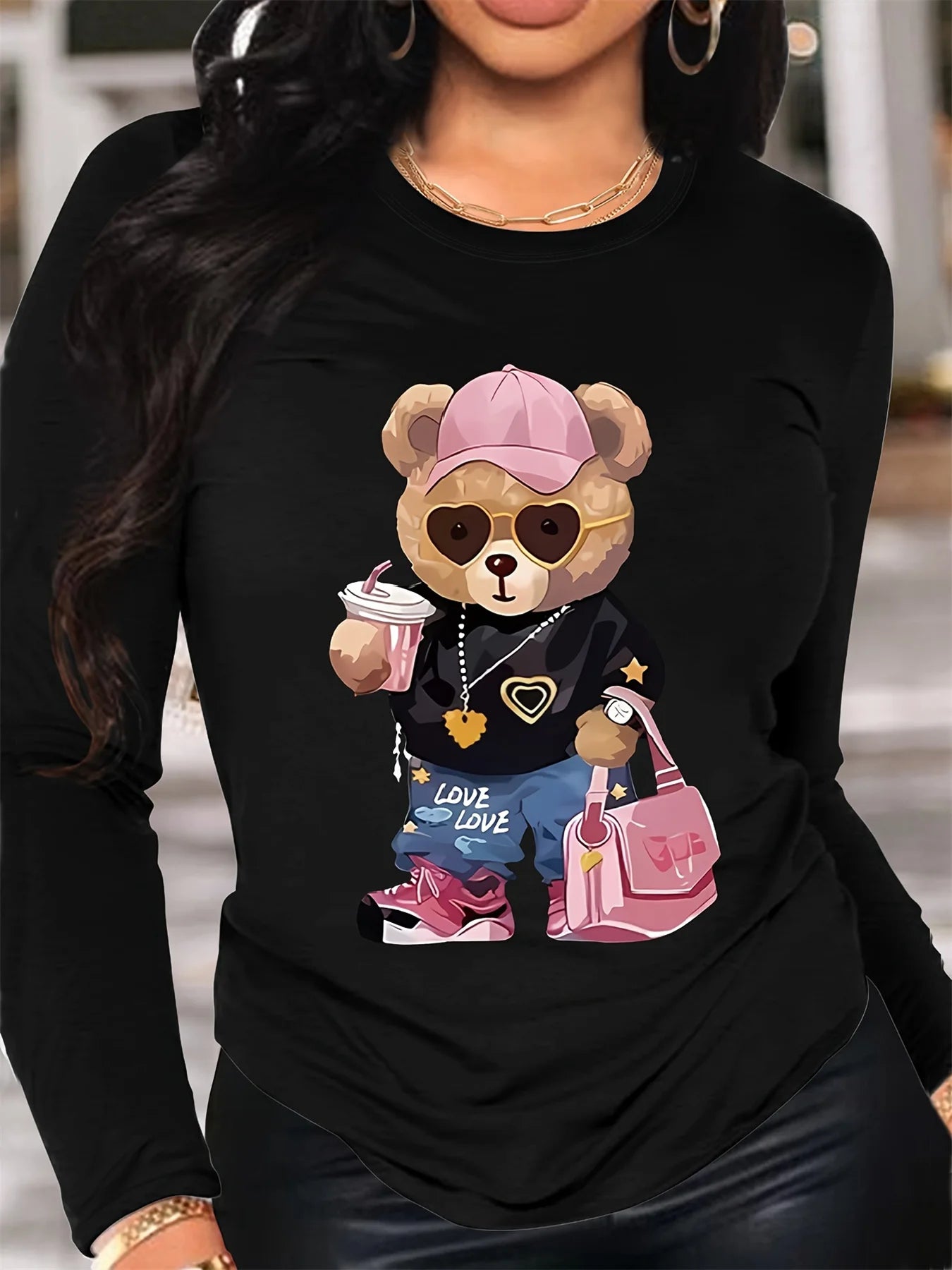 T-Shirt Manches Longues Ours 100% Coton - Haut Ample Femme
