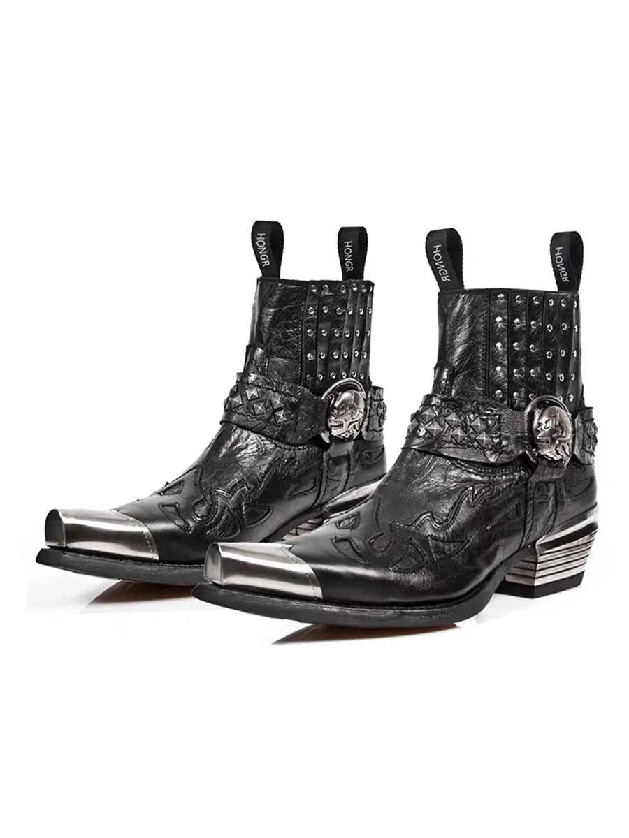 Bottes Mi-Mollet Style Punk Chic à Bout Pointu et Détails Métalliques