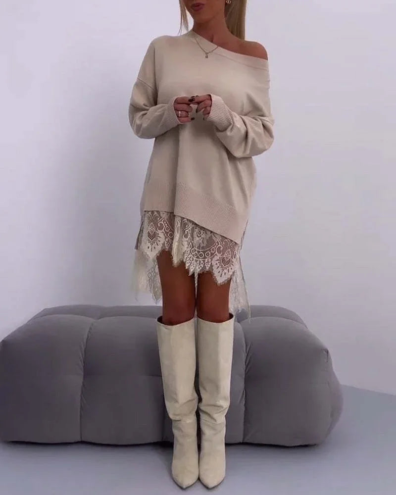 Femmes Sexy Mini robe 2025 printemps automne mode décontracté dentelle Patchwork robe de soirée dame robe noire col rond robe ample robes