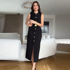 HXAO 2025 robe noire robe d'été élégante décontractée mince robe de vacances col rond sans manches boutonné ceinture longue robes 066