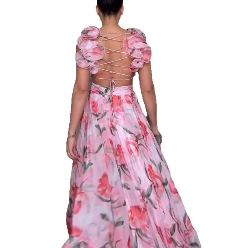 Robe Longue Bohème pour Femme – Robe d'Été en Mousseline Imprimée Fleurie Dos Nu et Col Halter