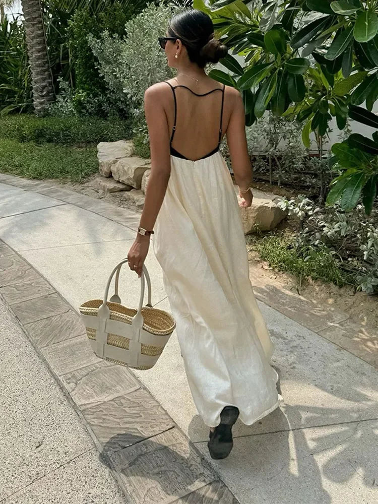 Robe Longue à Bretelles pour Femme – Robe d'Été Dos Nu à Col Carré et Taille Haute Empire
