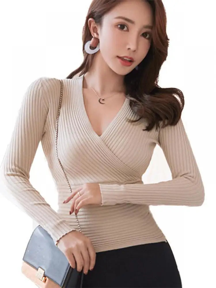 Pull Court Moulant à Col en V Profond pour Femme – Chandail Côtelé Sexy et Élastique en Coton