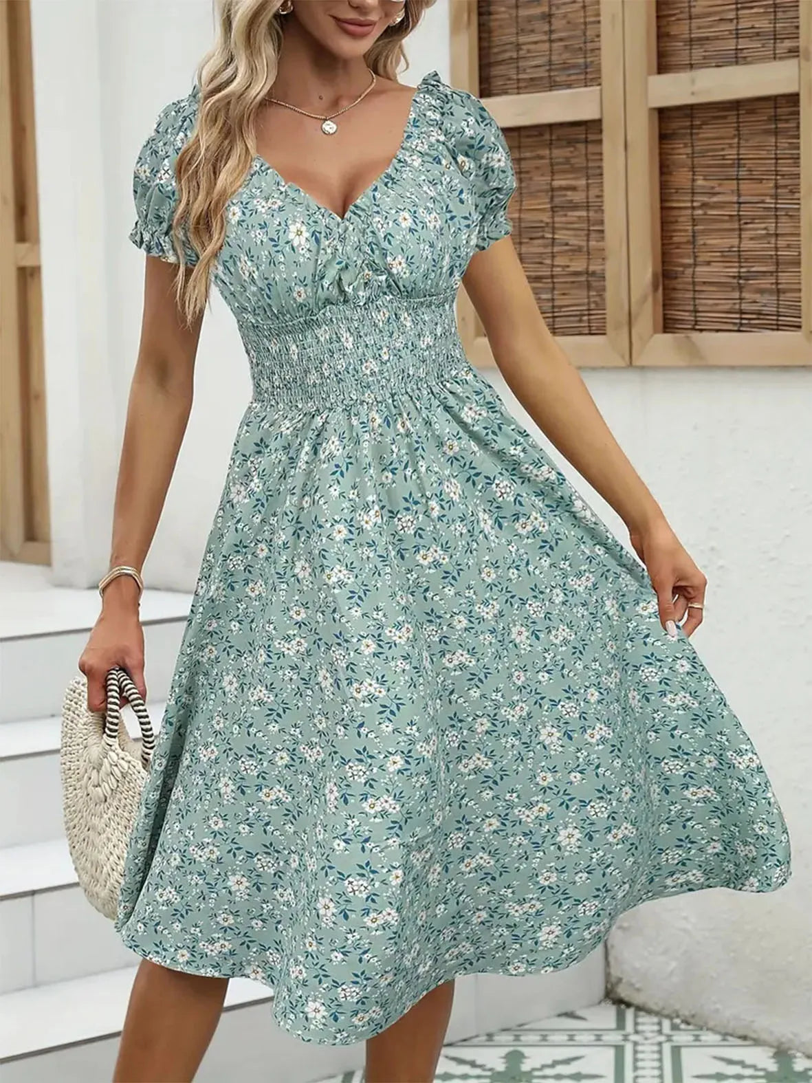 Robe Florale pour Femme Style Français – Robe d'Été Bohème à Volants et Col en V Cottagecore