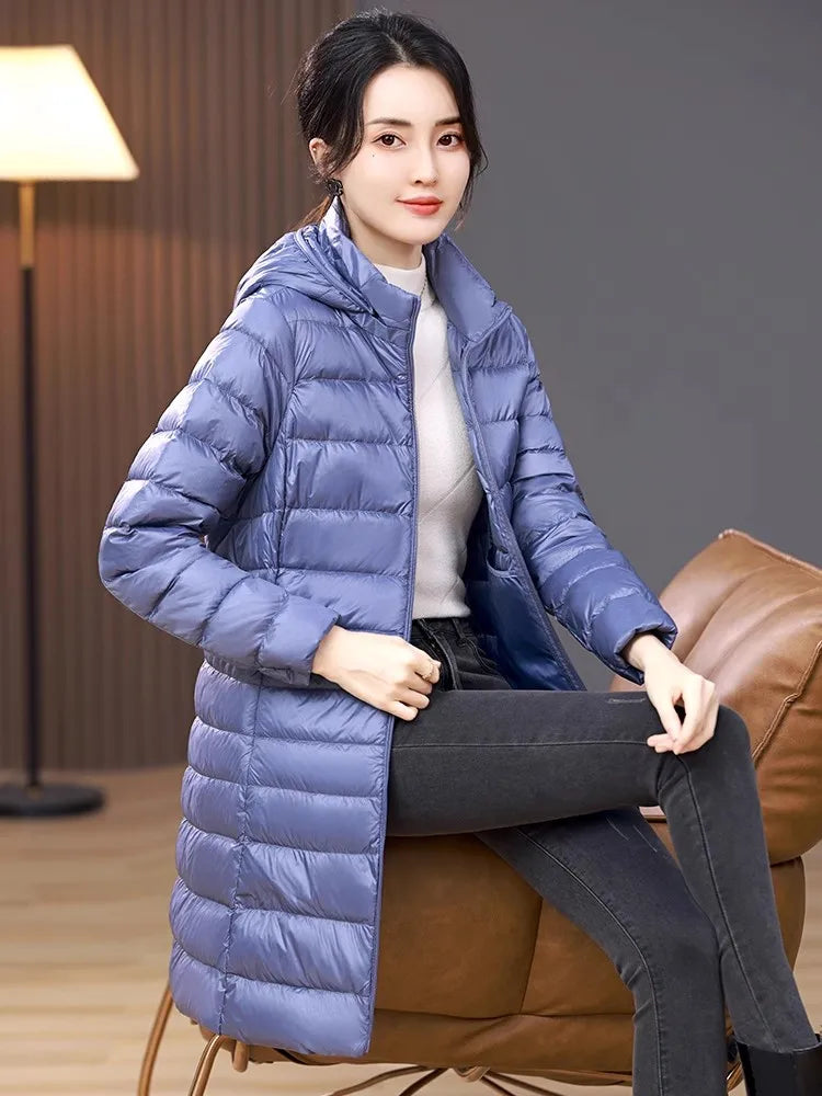 Combinaison à capuche en duvet de canard blanc pour femme, ultra légère, pliable, X-long, mère d'âge moyen, décontracté, nouvelle arrivée, 2024