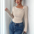 T-Shirt Asymétrique Plissé Femme - Haut Manches Longues