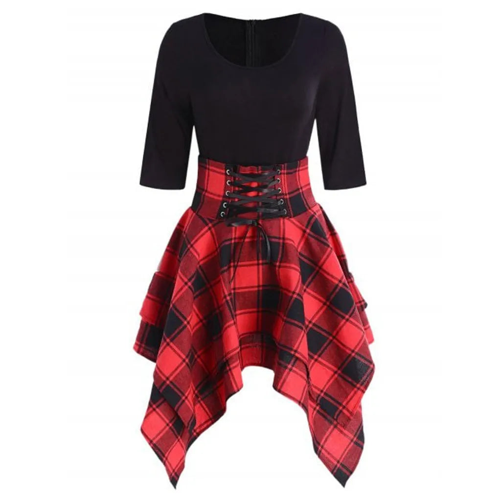 Robe Gothique à Carreaux pour Femme – Robe Asymétrique à Lacets Style Punk Tartan Harajuku