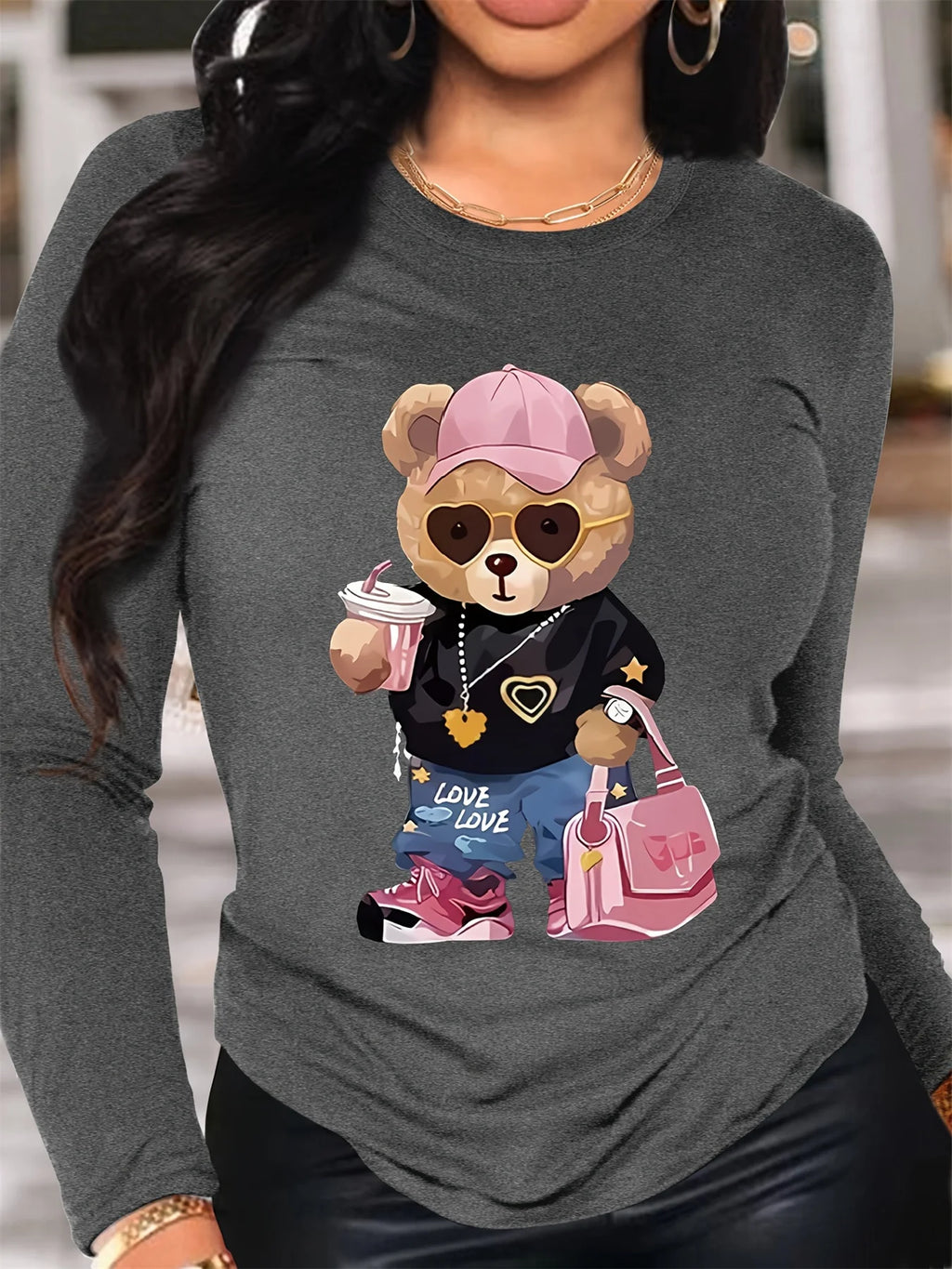 T-Shirt Manches Longues Ours 100% Coton - Haut Ample Femme