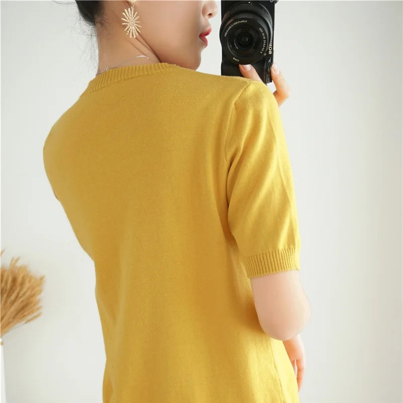 Pull Manches Courtes 100% Coton Femme - T-Shirt Col Rond
