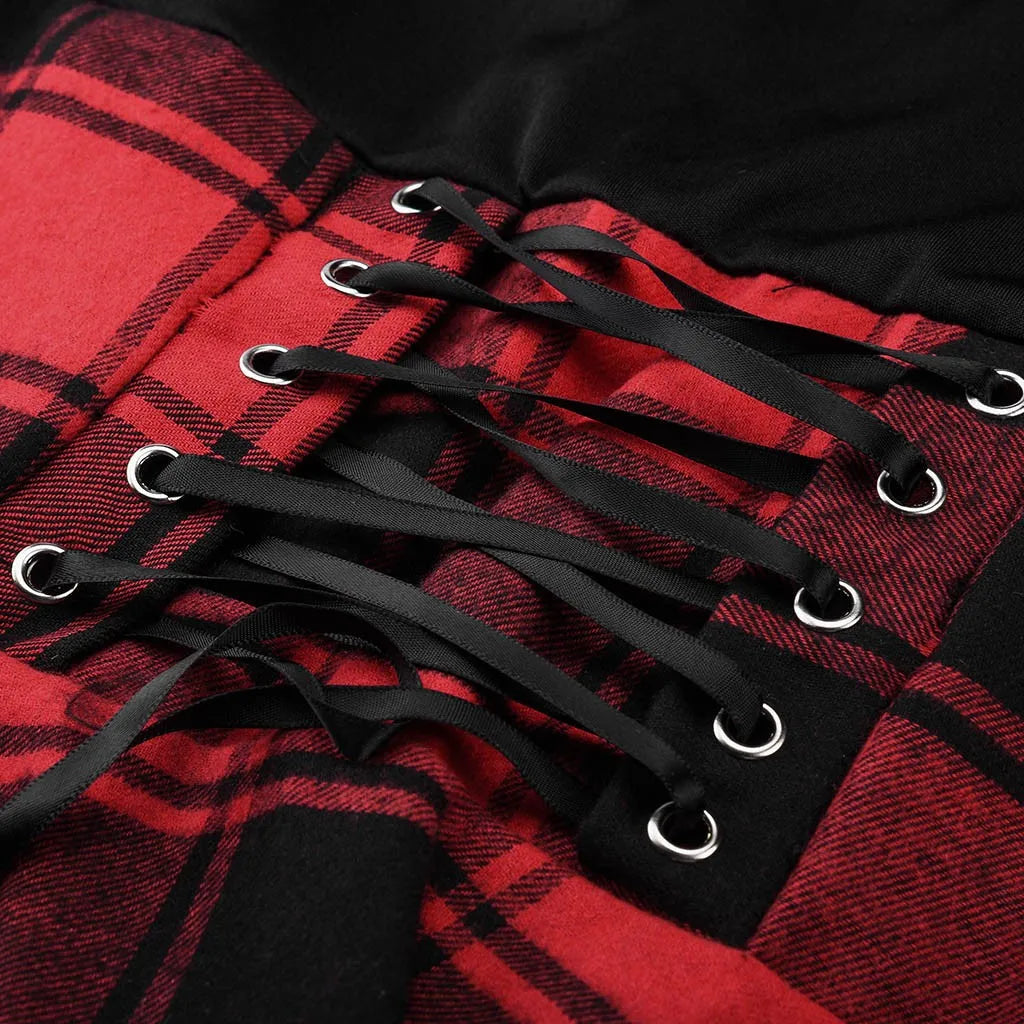 Robe Gothique à Carreaux pour Femme – Robe Asymétrique à Lacets Style Punk Tartan Harajuku