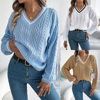 Pull en Tricot Torsadé Col V pour Femme – Style Décontracté & Chic
