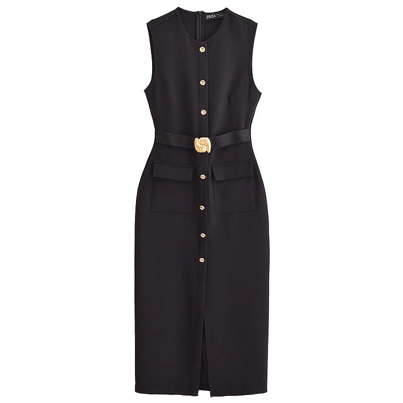 HXAO 2025 robe noire robe d'été élégante décontractée mince robe de vacances col rond sans manches boutonné ceinture longue robes 066