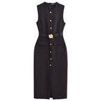 HXAO 2025 robe noire robe d'été élégante décontractée mince robe de vacances col rond sans manches boutonné ceinture longue robes 066