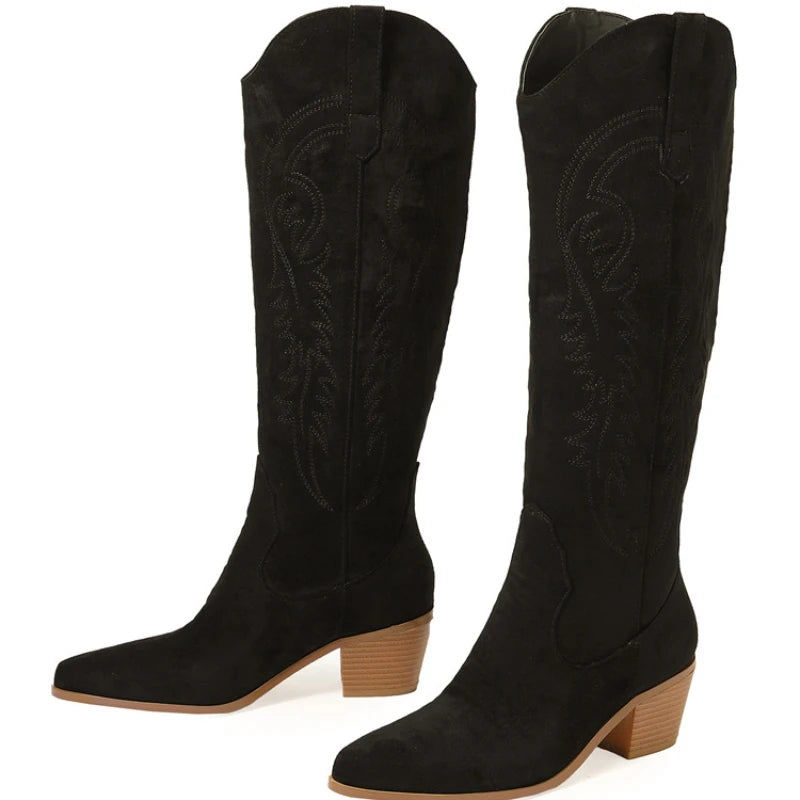 Taille 35-43 femmes bottes hautes Design de mode broder chaussures de Cowboy occidentales automne hiver bout pointu talons bas chaussons