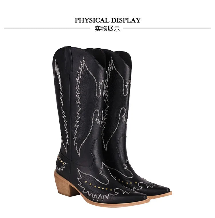 NASBAVI bottes de cowboy occidentales rouges pour femmes chaussures à bout pointu brodées bottes de cow-girl hautes et larges