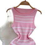 Robe longue moulante en maille rose rayée sans manches à col rond pour femme – Idéale pour l'été, la plage, les vacances, le quotidien ou les soirées