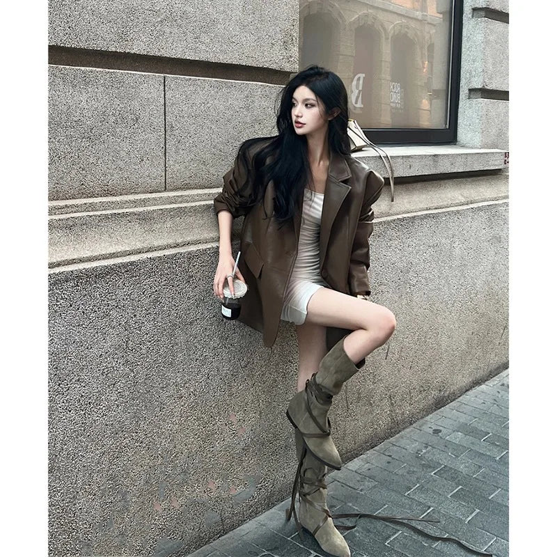 Veste en similicuir PU pour femme, Blazer combiné, Vestes à col rabattu, Manteau à point ouvert, Maxi, Décontracté, Élégant, Punk, Streetwear Y2k
