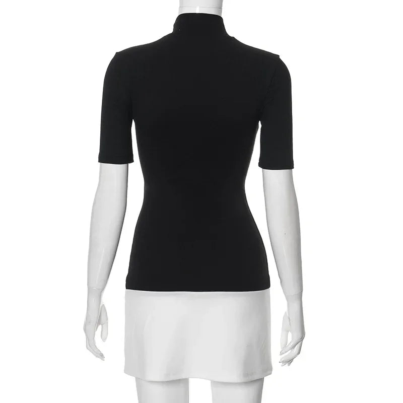 Robe élégante à col roulé pour femmes, demi-manches, mini streetwear, vêtements éducatifs pour femmes, batterie de documents d'abonnés, été, Y2k