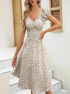 Robe Florale pour Femme Style Français – Robe d'Été Bohème à Volants et Col en V Cottagecore