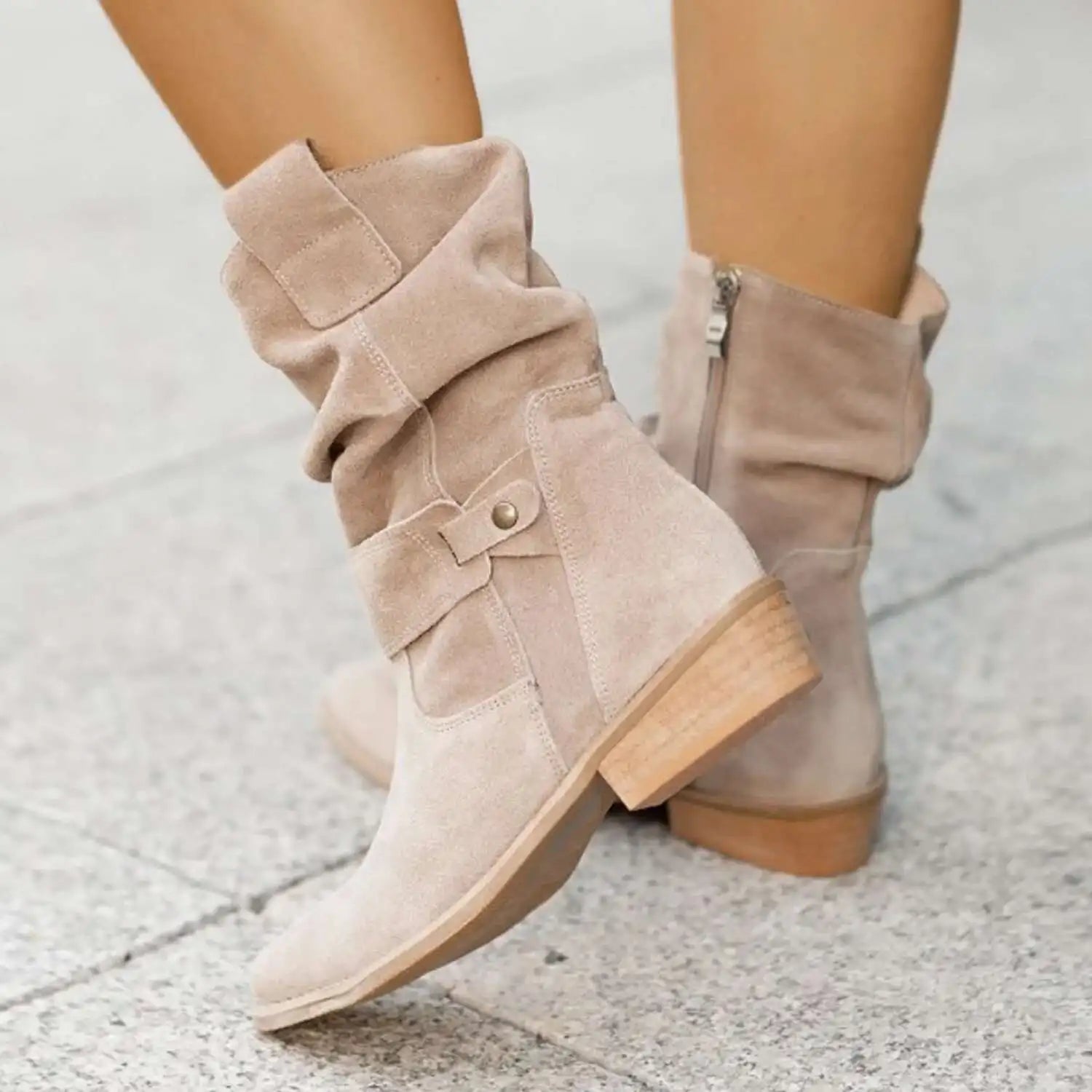 Bottines de Cowboy en Faux Daim Abricot – Style Western Chic d'Hiver