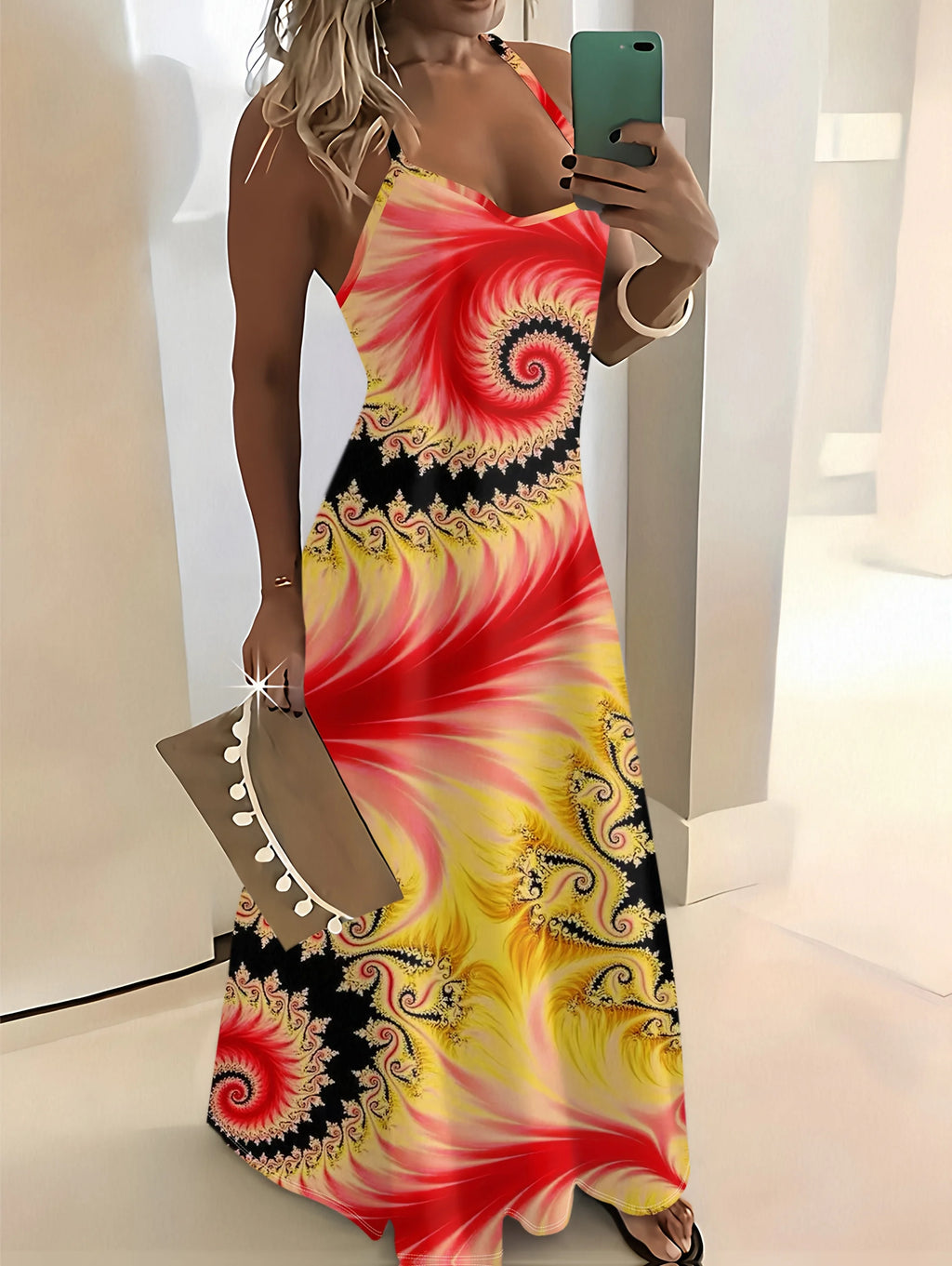 Robe d'Été Trapèze pour Femme – Robe Longue Décontractée à Imprimé Spirale Fractale Rouge Jaune et Noir