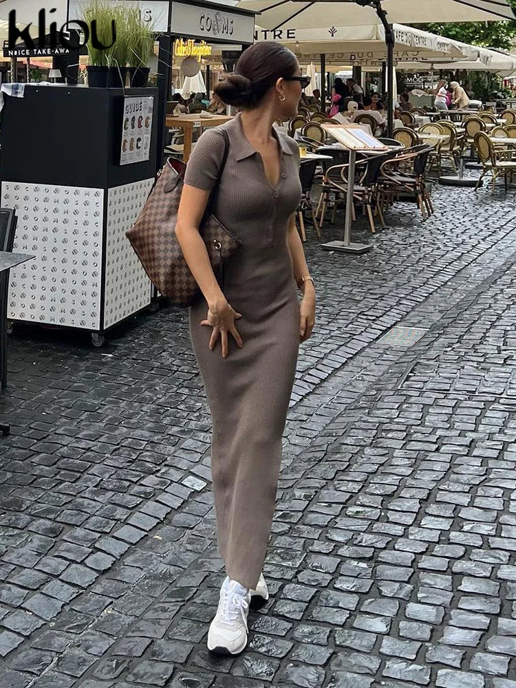 Robe Maxi Moulante pour Femme Kliou – Robe Élégante Style Bureau et Streetwear à Col Rabattu et Fente Latérale