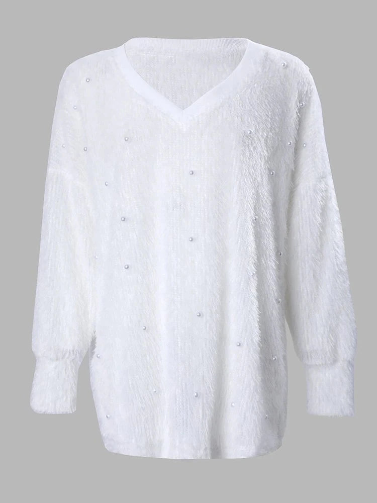 Pull Oversize Col en V en Maille Côtelée pour Femme