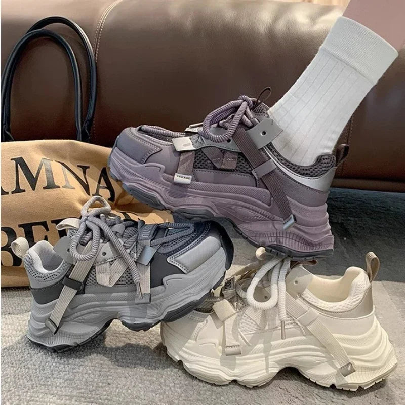 Baskets épaisses en maille respirante pour femmes, chaussures de sport à plateforme, semelle optique à lacets, mode décontractée, 2024