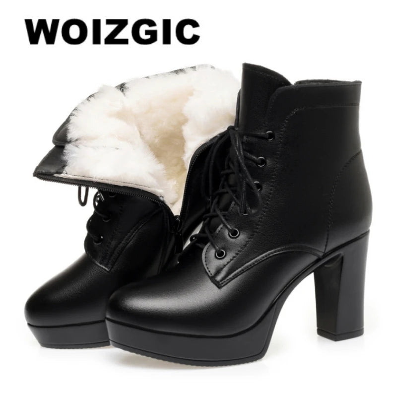 WOIZGIC Laides femmes en cuir véritable bottines hiver automne fourrure peluche laine chaud talon haut moto