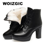 WOIZGIC Laides femmes en cuir véritable bottines hiver automne fourrure peluche laine chaud talon haut moto