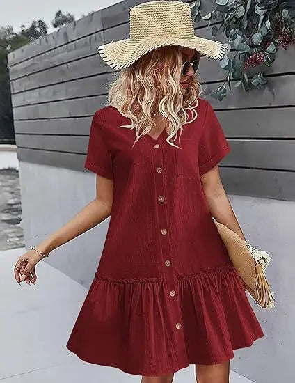 Mini robe d'été décontractée en coton et lin pour femmes, col en v, volants, manches courtes, mode dames, robes à boutons amples