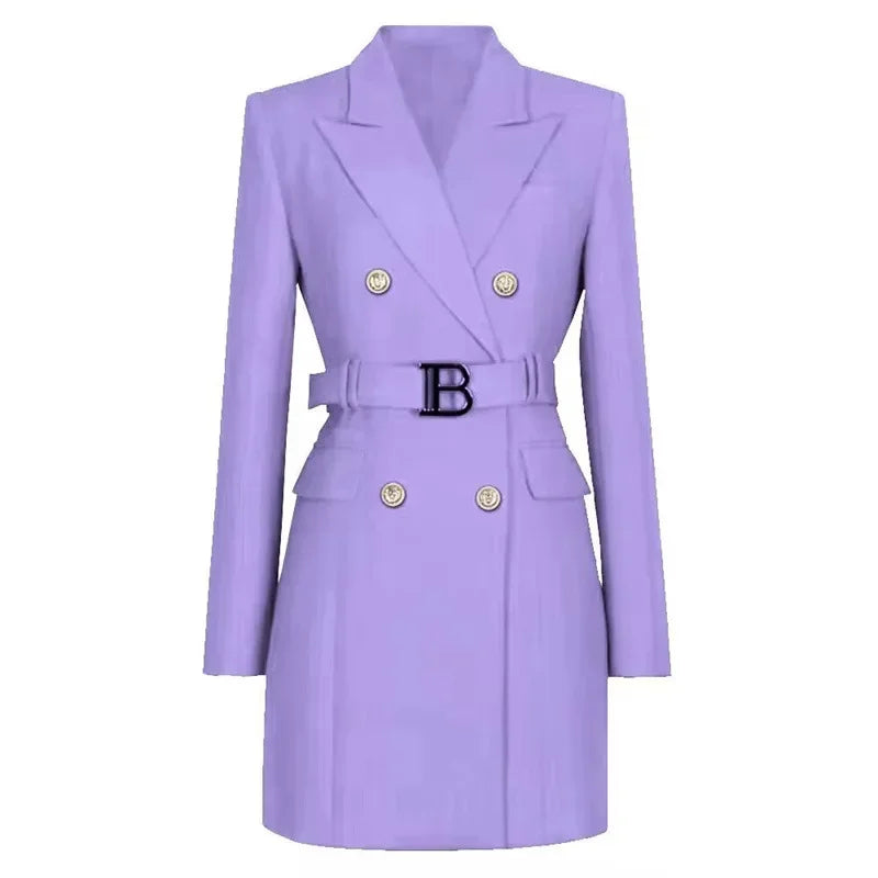 Blazer Long Ceinturé à Double Boutonnage pour Femme – Veste de Bureau Chic et Ample Coupe Robe Veste