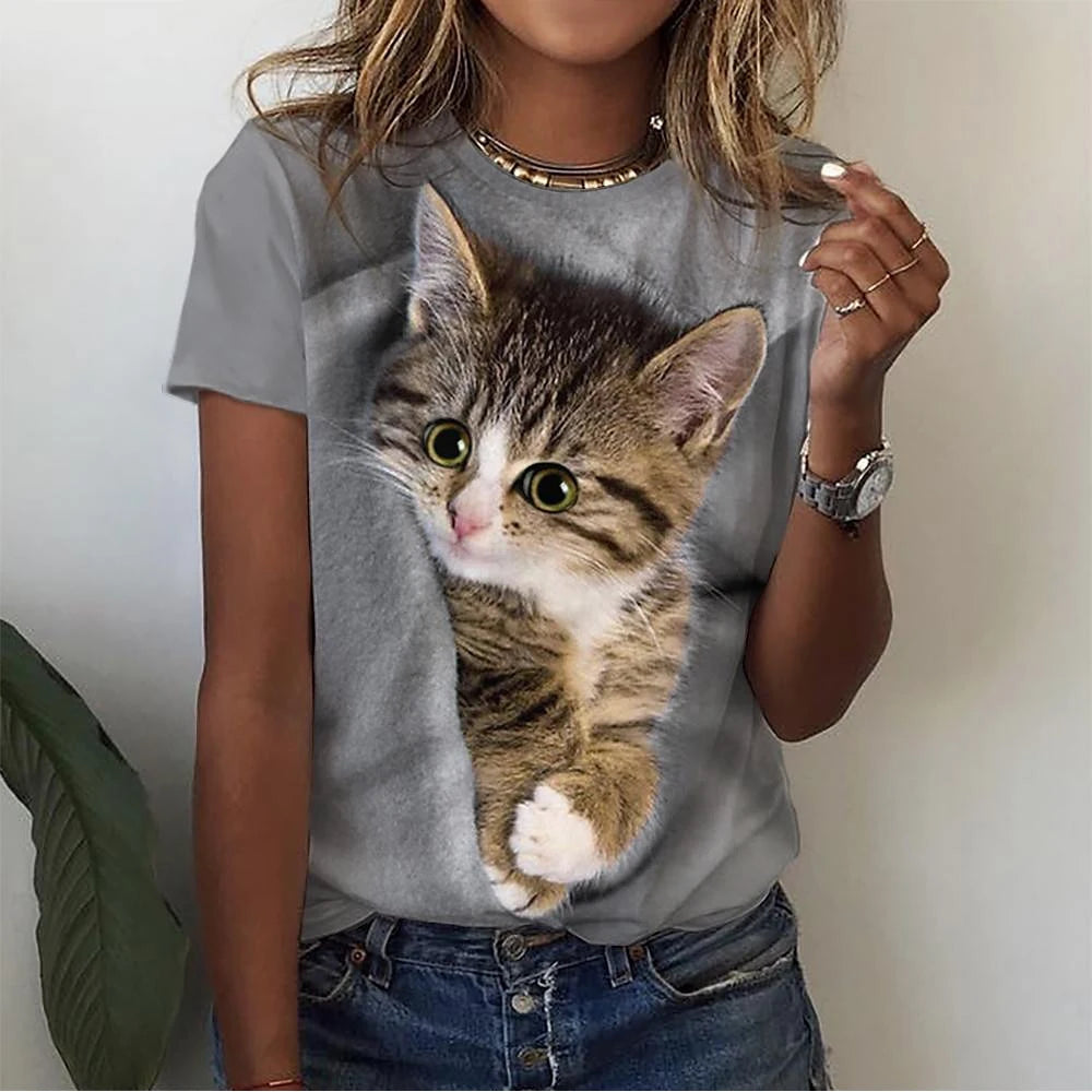 T-Shirt Chat 3D Kawaii Femme - Haut Y2K Respirant