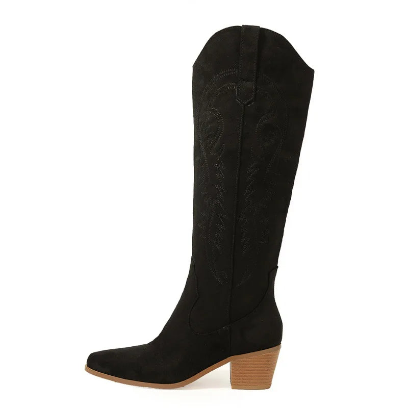 Taille 35-43 femmes bottes hautes Design de mode broder chaussures de Cowboy occidentales automne hiver bout pointu talons bas chaussons