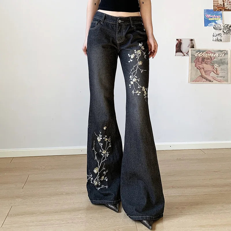 Jean Évasé Taille Basse Y2K à Broderie Florale - Style Rétro Vintage