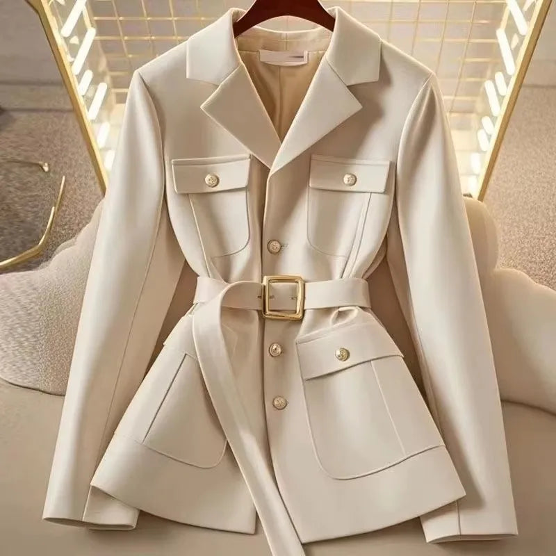 Manteau Blazer Ajusté Ceinturé pour Femme – Veste de Bureau Chic à Simple Boutonnage