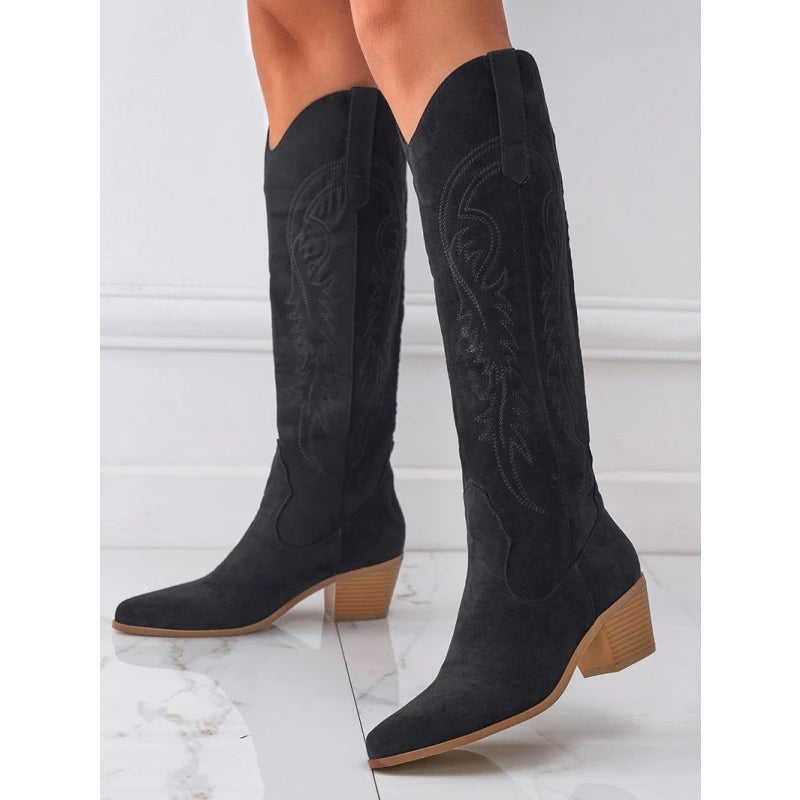 Taille 35-43 femmes bottes hautes Design de mode broder chaussures de Cowboy occidentales automne hiver bout pointu talons bas chaussons