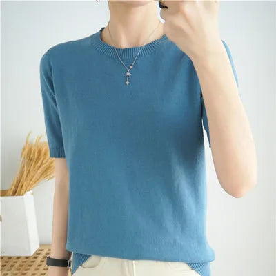 Pull Manches Courtes 100% Coton Femme - T-Shirt Col Rond