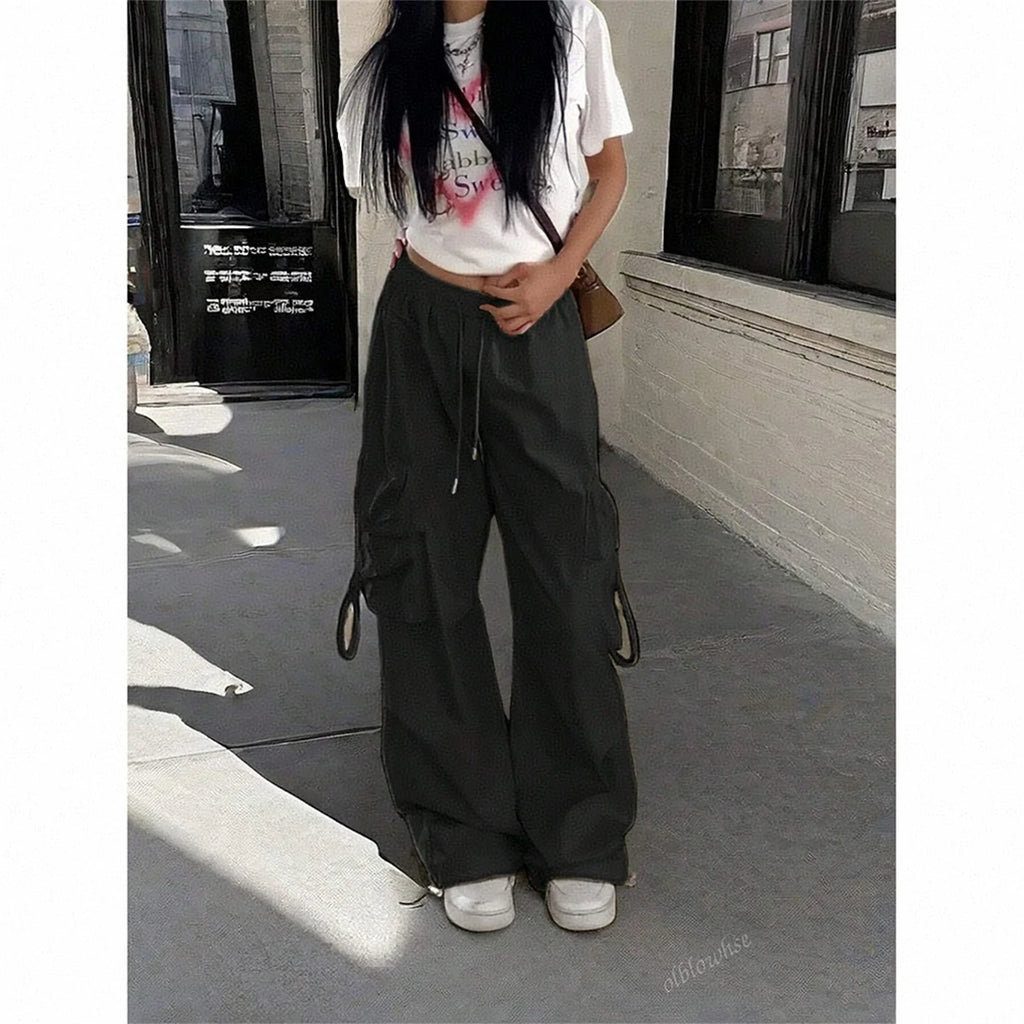 Jogging Cargo Ample Noir Taille Haute - Style Streetwear Vintage