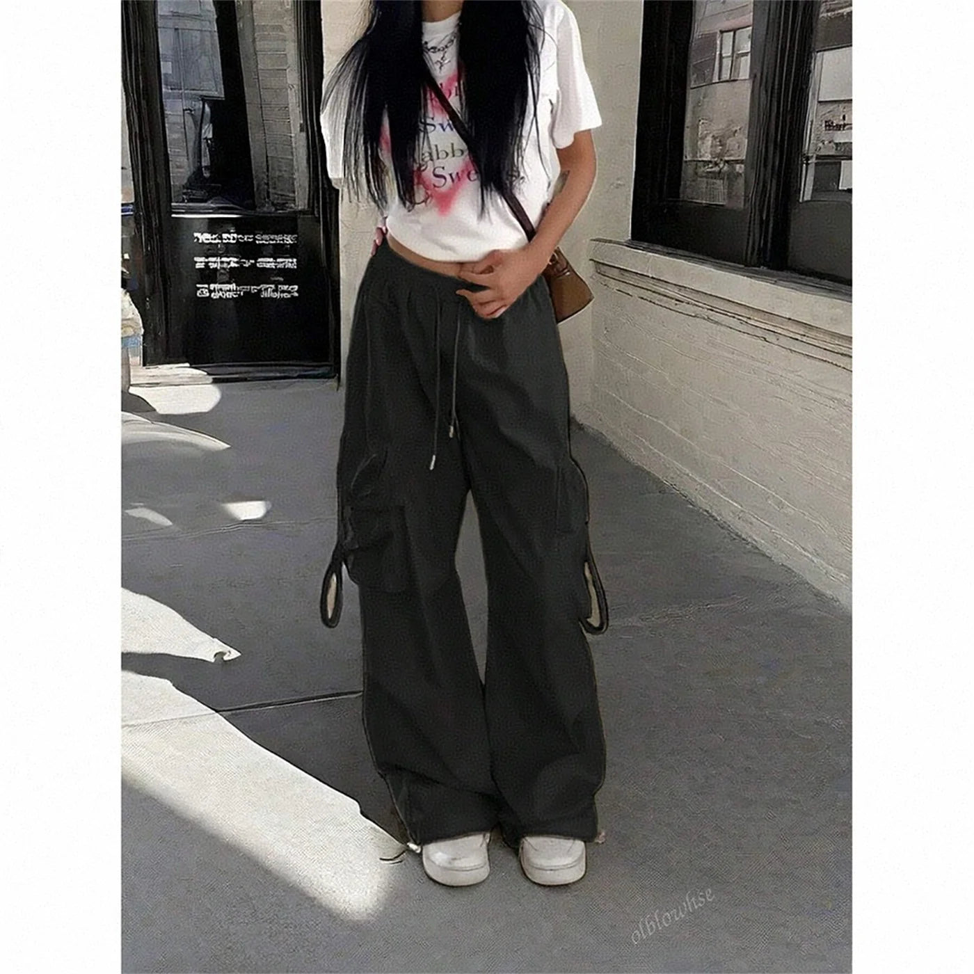 Jogging Cargo Ample Noir Taille Haute - Style Streetwear Vintage