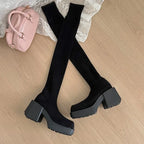 Taille 35-40 hiver femmes sur le genou chaussettes bottes Stretch tricoté talons épais bottes longues femme sans lacet plate-forme chaussures