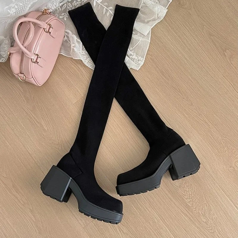 Taille 35-40 hiver femmes sur le genou chaussettes bottes Stretch tricoté talons épais bottes longues femme sans lacet plate-forme chaussures
