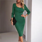 Robe Mi-Longue en Maille pour Femme – Robe Pull Cintrée Élégante à Col Carré et Manches Longues