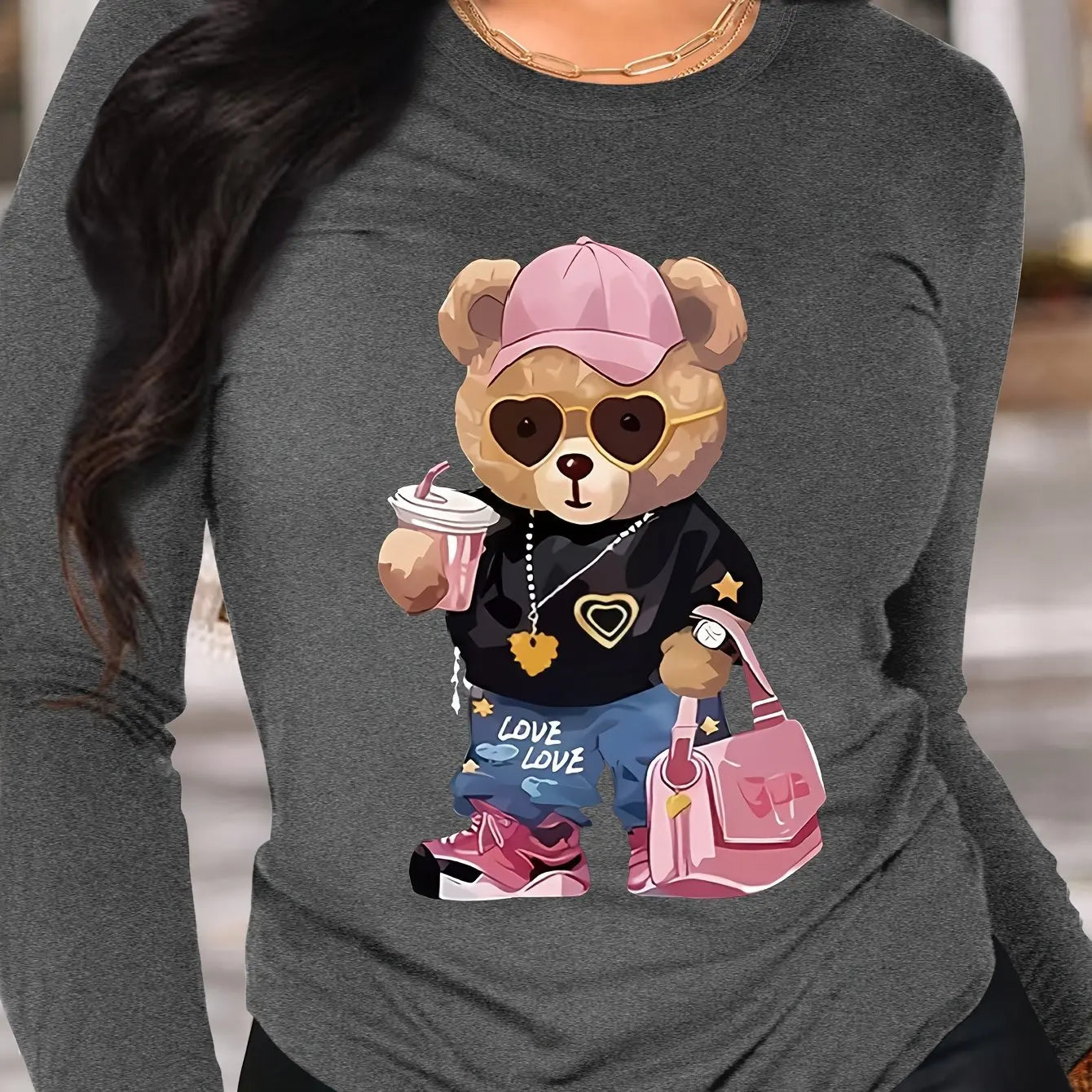 T-Shirt Manches Longues Ours 100% Coton - Haut Ample Femme