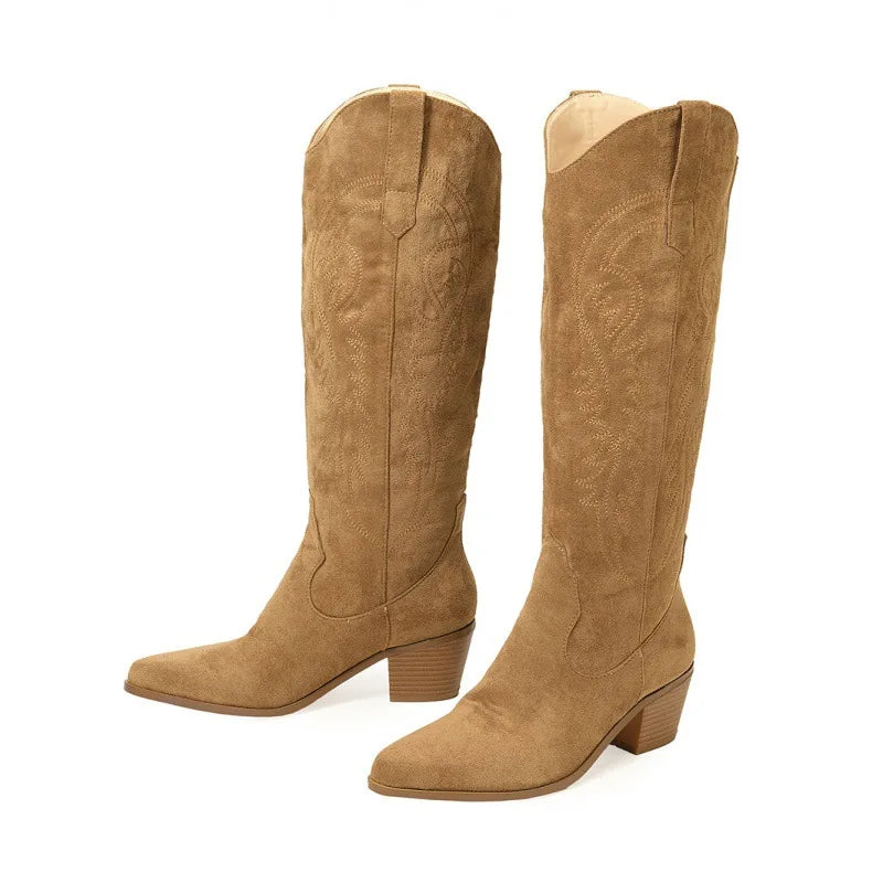 Taille 35-43 femmes bottes hautes Design de mode broder chaussures de Cowboy occidentales automne hiver bout pointu talons bas chaussons
